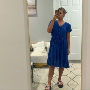 ✅ Birds Of Paradis Trovata Dress Button Down Shirtdress Midi in Blue